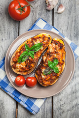 Baked eggplant with pieces of chicken