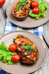 Baked eggplant with pieces of chicken