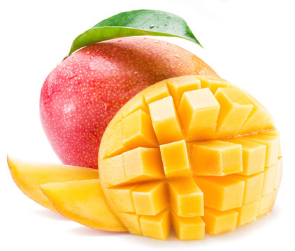 Mango fruits with water drops. Isolated on a white background.