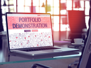 Portfolio Demonstration Concept - Closeup on Landing Page of Laptop Screen in Modern Office Workplace. Toned Image with Selective Focus. 3D Render.