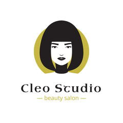 Vector minimalistic beauty studio logo in black and gold colors. Beautiful woman head logo. Spa salon logo template.