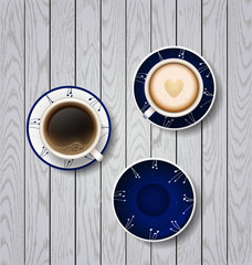 coffee break. Hot Coffee cup on white wooden vector background. coffee and latte