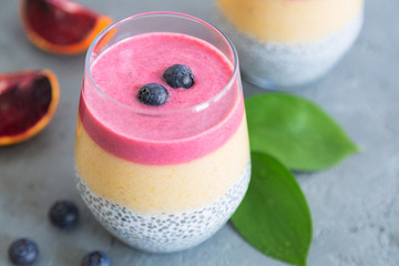 Healthy vegan layered Chia seed pudding in a glass