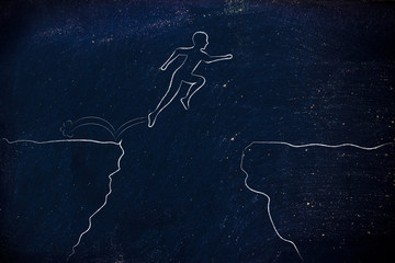 brave man jumpying over a cliff