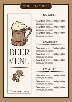 menu for a pub with a price list and a wooden glass beer