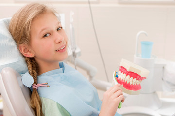 Dental hygiene. Dentist demonstrating tooth brushing
