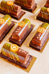 Fruit mousse cake with chocolate glaze