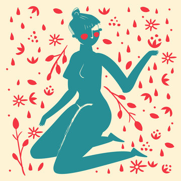 Turquoise female figure surrounded by floral shapes