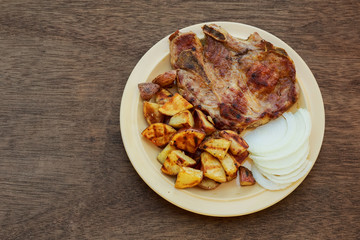 pork steak potato in village white onion