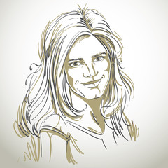 Vector drawing of bemused woman with stylish haircut. Black 