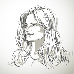 Vector portrait of attractive pensive woman, illustration 