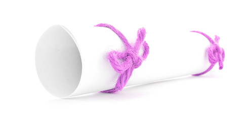 White paper tube tied with cord, pink nodes pair isolated