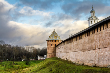 The walls and towers of the Kremlin in Veliky Novgorod . Russia.