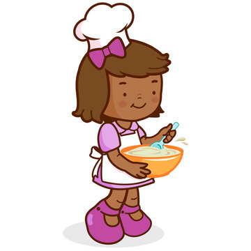 Little African American girl chef cooking. Vector illustration