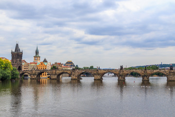 PRAGUE, CZECH REPUBLIC. View of the Vltava river , buildings and The Charles Bridge