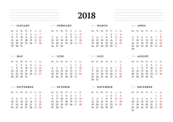 Simple Calendar Template for 2018 Year. Stationery Design. Week starts Monday. Vector Illustration