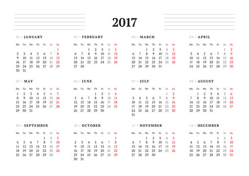 Simple Calendar Template for 2017 Year. Stationery Design. Week starts Monday. Vector Illustration