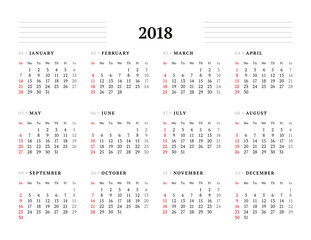 Simple Calendar Template for 2018 Year. Stationery Design. Week starts Sunday. Vector Illustration