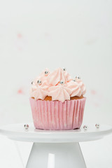 Colorful Homemade Cupcake On White Stand. Copy Space.