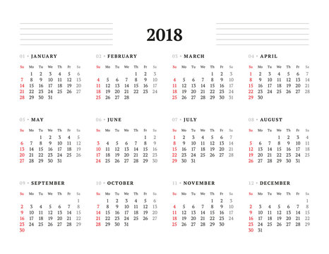 Simple Calendar Template for 2018 Year. Stationery Design. Week starts Sunday. Vector Illustration