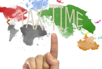 tax time written World map in picture paints multicolor style on white background