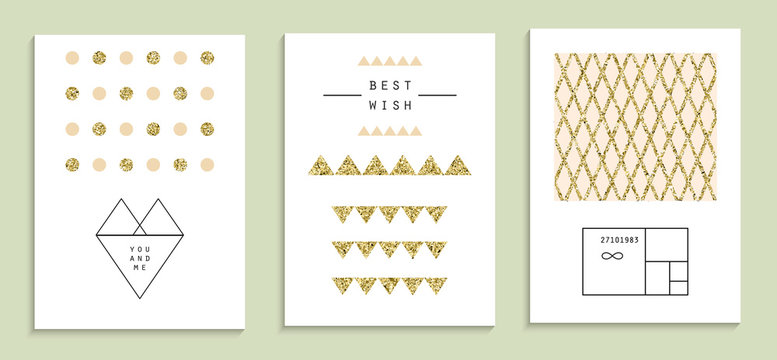 Set of trendy invitations with gold glitter texture.  