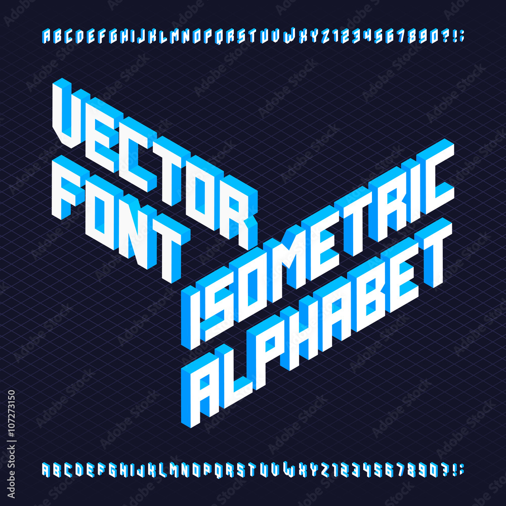 Fototapete 3d isometric alphabet vector font. letters and numbers. three-dimensional stock vector typeset for y