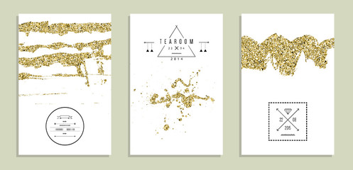Set of trendy invitations with gold glitter texture.  