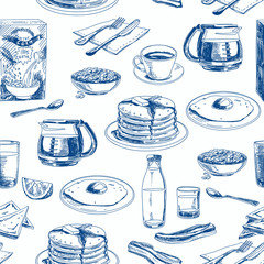Vector hand drawn breakfast seamless pattern.