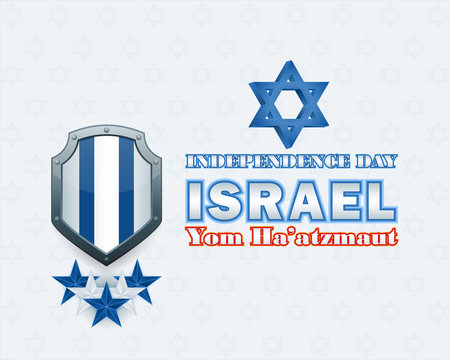 Yom Ha'atzmaut translated from Hebrew language as Independence day; Holiday design with Star of David, armorial shield in colors of Israel national flag for Israel Independence Day