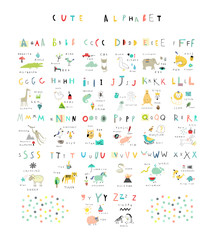 Cute alphabet. Letters and words. Flora, fauna, animals.  - obrazy, fototapety, plakaty