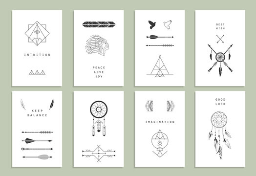 Ethnic cards. Arrows, Indian elements, Aztec borders