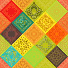 Fototapety  Seamless abstract colorful vintage ceramic tiles with Moroccan pattern frame of trendy flower ornament. Background textures. For fabric textile swatch. India Islam mexican ethnic. Orange, red yellow 