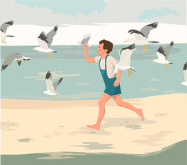 Obraz premium Happy childhood postcard. Cartoon boy running on the beach. Vector illustraton.