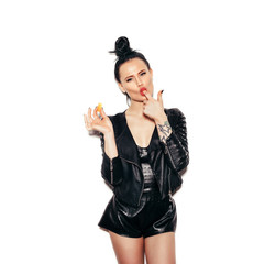 Woman licking finger