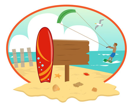 Beach kite surfing - Beach icon with blank wooden sign, surfboard and a man kite surfing in the background. Eps10