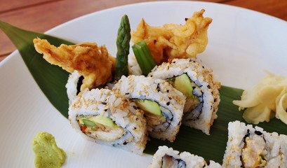 Soft shell crab tempura roll sushi on a plate