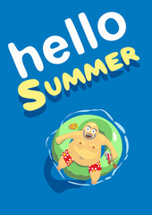 Summer hello. fat man on mattress swim