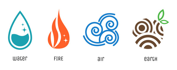 Cztery elementy płaskich symboli. Znaki wody, ognia, powietrza i ziemi. Wektorowe abstrakcjonistyczne natur ikony. - 107278366