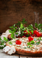 Vegetarian pizza with mushrooms, cheese and tomatoes, selective