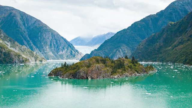 Diverse Land Formations with an Island in the Water Channel of Tracy Arm Fjord Alaska