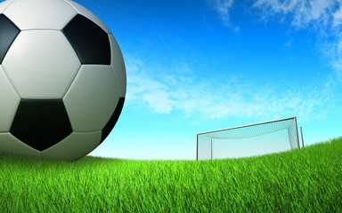 soccer ball close up on the football field in front of the gate, sports soccer background, backdrop, wallpaper