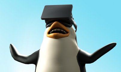 funny cartoon penguin character in the virtual glasses 3D render
