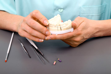 Technik dentystyczny pracuje nad modelem szczęki 