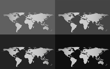 Set of four vector world maps isolated on a grayscale background with dropped shadow