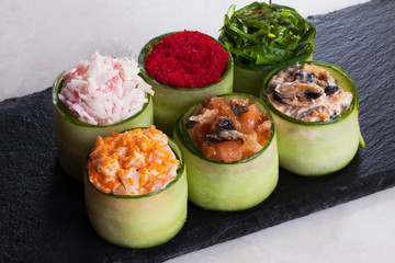 Assorted sushi wrapped in cucumber large masago, shrimp, salmon, crab, Chuka, the six pieces 