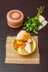 Tatar national Lagman soup with meat and vegetables and a piece