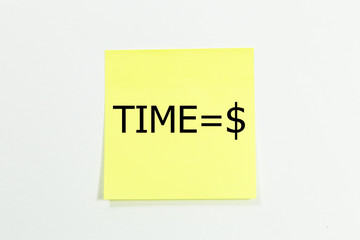 time equal dollar written on yellow sticky notes. isolated on white