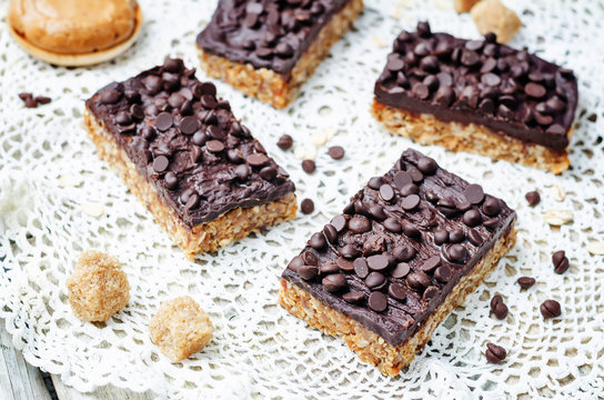 Raw Vegan Dates Oats Peanut Butter Bars With Chocolate Frosting