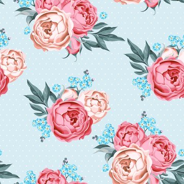 Seamless peony and forget-me-not